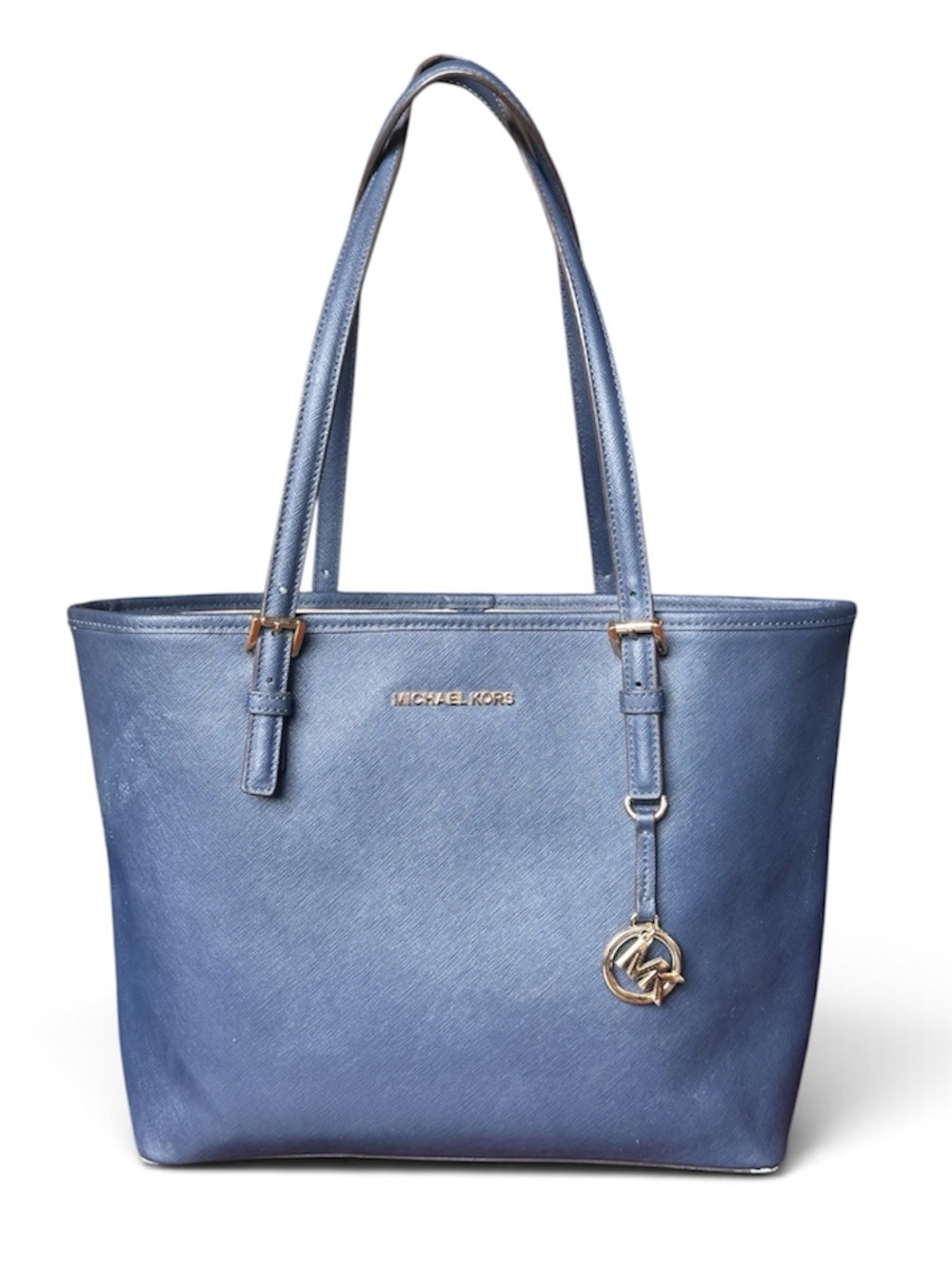 Michael Kors Royal Blue Jet Set Travel Leather Saffiano Tote w/ Signature Charm